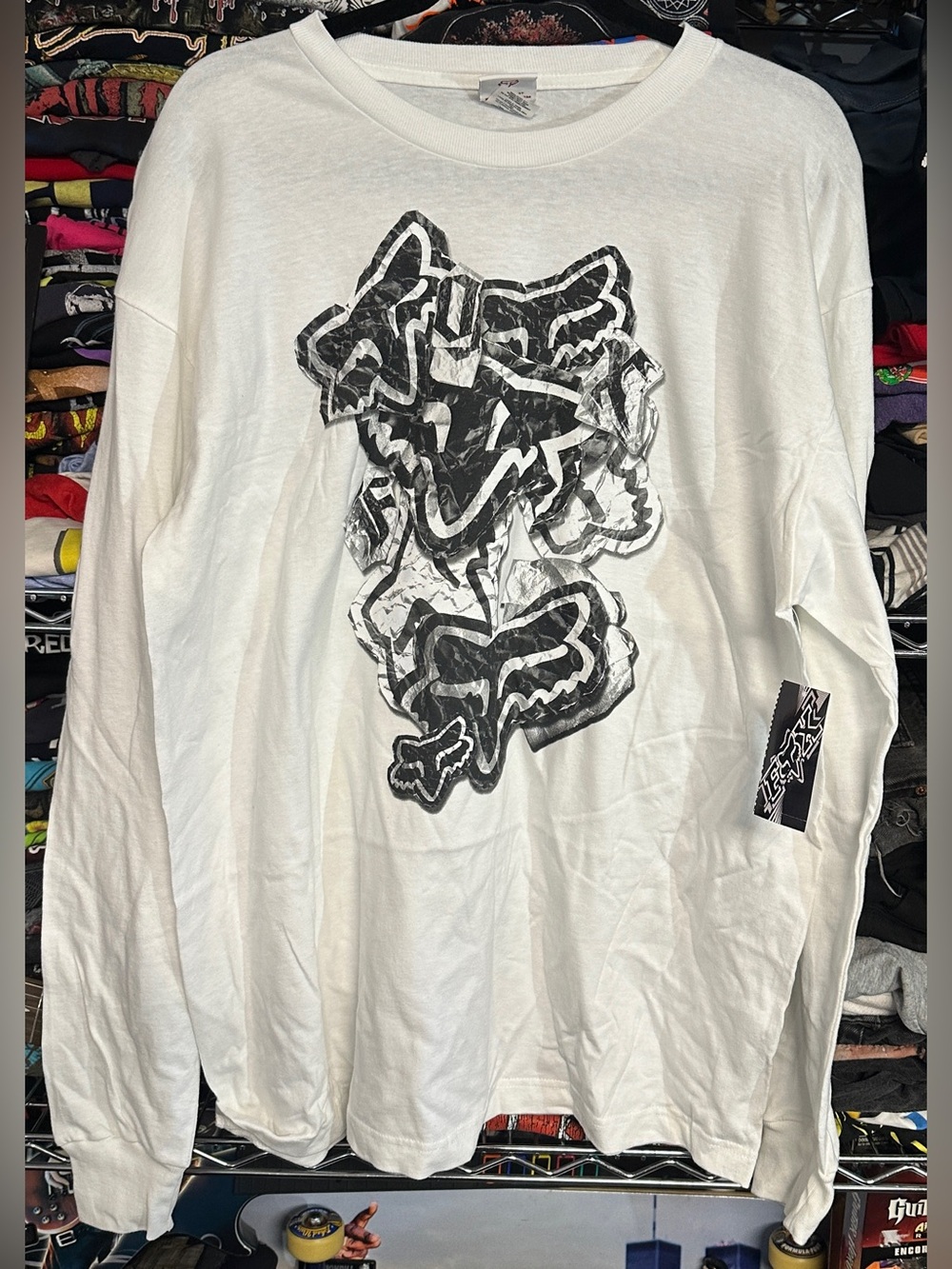 FOX deadstock white dispose graphic longsleeve shirt, XL.